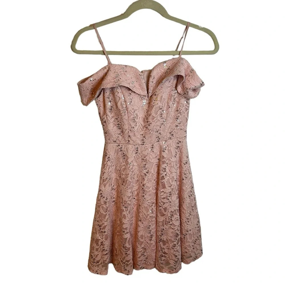 B DARLIN BABY PINK SEQUIN OFF SHOULDER PROM DRESS